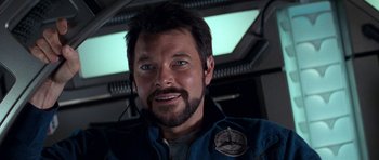 Movie still from “Star Trek: First Contact” (1996), directed by Jonathan Frakes – A person with a beard; Close Up shot, Overhead angle