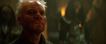 Movie still from “Star Trek: Generations” (1994), directed by David Carson – An older man is looking at the camera; Close Up shot, Low angle