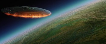 Movie still from “Star Trek: Generations” (1994), directed by David Carson – An image of an ufo flying over the earth; Extreme Wide shot, Low angle