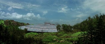 Movie still from “Star Trek: Generations” (1994), directed by David Carson – An image of an alien spaceship in the sky; Extreme Wide shot, High angle