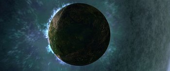 Movie still from “Star Trek: Generations” (1994), directed by David Carson – An image of an exoplanet in the night sky; Extreme Wide shot, High angle