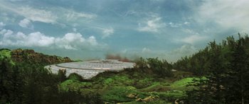 Movie still from “Star Trek: Generations” (1994), directed by David Carson – An oil painting of a building in the middle of a forest; Extreme Wide shot, Low angle