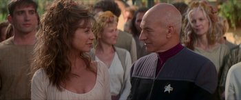 Movie still from “Star Trek: Insurrection” (1998), directed by Jonathan Frakes – A man and a woman talking to each other; Close Up shot, Over the shoulder angle