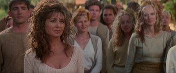 Movie still from “Star Trek: Insurrection” (1998), directed by Jonathan Frakes – A group of people that are standing in a row; Close Up shot, Over the shoulder angle