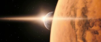 Movie still from “Star Trek: Nemesis” (2002), directed by Stuart Baird – An image of an exoplanet in the distance; Extreme Wide shot, High angle