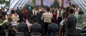 Movie still from “Star Trek: Nemesis” (2002), directed by Stuart Baird – A group of people standing in front of each other; Wide shot, Over the shoulder angle