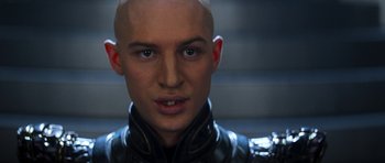Movie still from “Star Trek: Nemesis” (2002), directed by Stuart Baird – A man with a shaved head and a black jacket; Close Up shot, Low angle