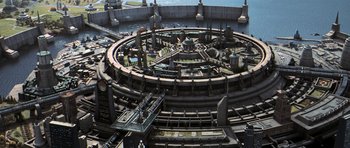 Movie still from “Star Trek: Nemesis” (2002), directed by Stuart Baird – An aerial view of a city with many buildings; Extreme Wide shot, High angle