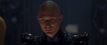Movie still from “Star Trek: Nemesis” (2002), directed by Stuart Baird – A bald man wearing a black leather jacket; Close Up shot, Low angle