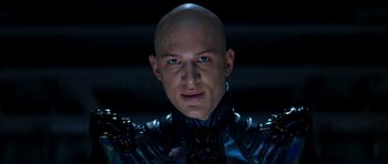 Movie still from “Star Trek: Nemesis” (2002), directed by Stuart Baird – A man with a bald head and blue eyes; Close Up shot, Low angle