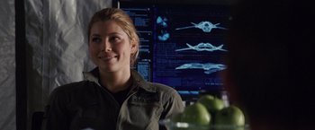 Movie still from “Stealth” (2005), directed by Rob Cohen – A woman sitting in front of a computer screen; Close Up shot, Over the shoulder angle