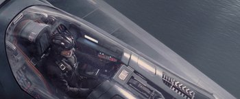 Movie still from “Stealth” (2005), directed by Rob Cohen – The cockpit of a fighter jet; Medium shot, High angle