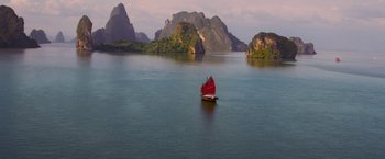 Movie still from “Stealth” (2005), directed by Rob Cohen – A small boat floating on a body of water; Extreme Wide shot, High angle