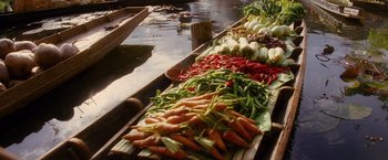 Movie still from “Stealth” (2005), directed by Rob Cohen – A bunch of vegetables are on a boat in the water; Wide shot, High angle