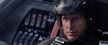 Movie still from “Stealth” (2005), directed by Rob Cohen – A person wearing a helmet; Close Up shot, Over the shoulder angle