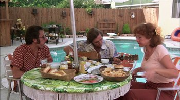 Movie still from “Straight Time” (1978), directed by Ulu Grosbard – A group of people sitting at a table with food; Wide shot, High angle