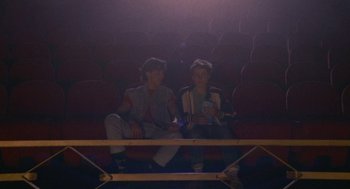 Movie still from “Summer of 85” (2020), directed by François Ozon – A couple of people sitting in a movie theater; Wide shot, High angle
