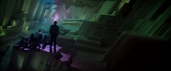 Movie still from “Superman II” (1980), directed by Richard Lester – A man standing in a room with a lot of lights; Extreme Wide shot, High angle