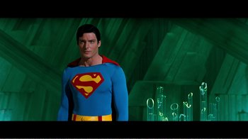 Movie still from “Superman IV: The Quest for Peace” (1987), directed by Sidney J. Furie – A person wearing a superman costume; Medium shot, Low angle