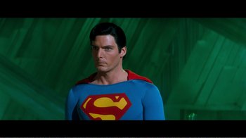 Movie still from “Superman IV: The Quest for Peace” (1987), directed by Sidney J. Furie – A person wearing a superman costume; Medium shot, Over the shoulder angle