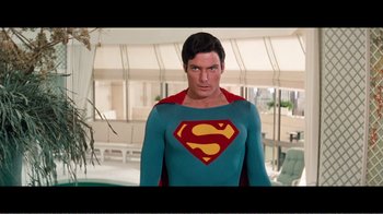 Movie still from “Superman IV: The Quest for Peace” (1987), directed by Sidney J. Furie – A man wearing a superman costume; Medium shot, Low angle