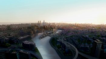 Movie still from “Superman/Shazam!: The Return of Black Adam” (2010), directed by Joaquim Dos Santos – An aerial view of a city with a river running through it; Extreme Wide shot, High angle