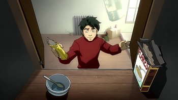 Movie still from “Superman/Shazam!: The Return of Black Adam” (2010), directed by Joaquim Dos Santos – A cartoon of a man holding a banana in his hand; Medium shot, High angle