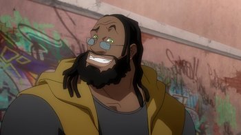 Movie still from “Superman/Shazam!: The Return of Black Adam” (2010), directed by Joaquim Dos Santos – An animated man with long hair and a long beard; Close Up shot, Low angle