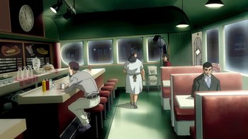 Movie still from “Superman/Shazam!: The Return of Black Adam” (2010), directed by Joaquim Dos Santos – An animated scene of people in a restaurant; Wide shot, High angle
