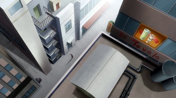 Movie still from “Superman/Shazam!: The Return of Black Adam” (2010), directed by Joaquim Dos Santos – An aerial view of a city with a man walking down the street; Extreme Wide shot, High angle