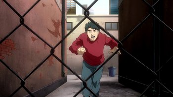Movie still from “Superman/Shazam!: The Return of Black Adam” (2010), directed by Joaquim Dos Santos – An animated man in a red shirt and blue pants; Wide shot, High angle