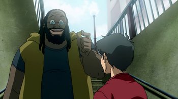 Movie still from “Superman/Shazam!: The Return of Black Adam” (2010), directed by Joaquim Dos Santos – An animated scene of a man giving a boy a fist bump; Medium shot, Over the shoulder angle