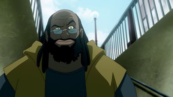 Movie still from “Superman/Shazam!: The Return of Black Adam” (2010), directed by Joaquim Dos Santos – An image of an animated man with a beard; Close Up shot, Low angle