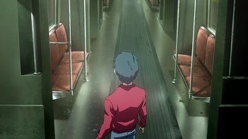 Movie still from “Superman/Shazam!: The Return of Black Adam” (2010), directed by Joaquim Dos Santos – A man walking down a train track in a train car; Wide shot, High angle