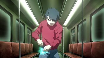 Movie still from “Superman/Shazam!: The Return of Black Adam” (2010), directed by Joaquim Dos Santos – A man in a red shirt is holding a blue object in his hand; Medium shot, Low angle