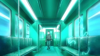 Movie still from “Superman/Shazam!: The Return of Black Adam” (2010), directed by Joaquim Dos Santos – A man walking down a train platform with green lighting; Wide shot, High angle