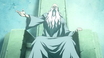 Movie still from “Superman/Shazam!: The Return of Black Adam” (2010), directed by Joaquim Dos Santos – An old man with long white beard sitting on a step; Medium shot, Low angle