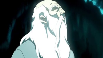 Movie still from “Superman/Shazam!: The Return of Black Adam” (2010), directed by Joaquim Dos Santos – An old man with long white hair and a long beard; Close Up shot, Low angle