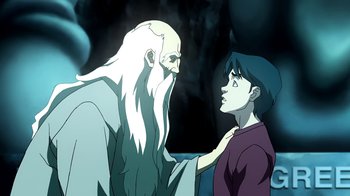 Movie still from “Superman/Shazam!: The Return of Black Adam” (2010), directed by Joaquim Dos Santos – An old man and a young boy are looking at each other; Medium shot, Low angle