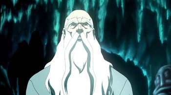 Movie still from “Superman/Shazam!: The Return of Black Adam” (2010), directed by Joaquim Dos Santos – An old man with long white hair is covering his eyes; Close Up shot, Low angle