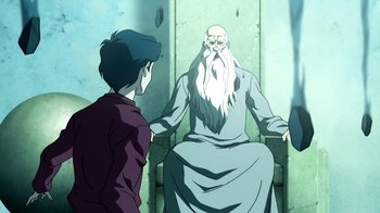 Movie still from “Superman/Shazam!: The Return of Black Adam” (2010), directed by Joaquim Dos Santos – An old man sitting in a chair next to a young boy; Medium shot, High angle