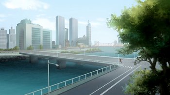 Movie still from “Superman/Shazam!: The Return of Black Adam” (2010), directed by Joaquim Dos Santos – An illustration of a bridge over a body of water; Extreme Wide shot, High angle