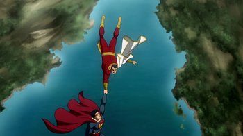 Movie still from “Superman/Shazam!: The Return of Black Adam” (2010), directed by Joaquim Dos Santos – A man in a superman costume is falling over another man in a superman costume; Extreme Wide shot, Low angle