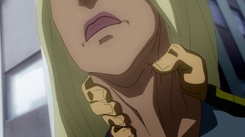 Movie still from “Superman/Shazam!: The Return of Black Adam” (2010), directed by Joaquim Dos Santos – View of a woman's face with long blonde hair; Extreme Close Up shot, Low angle