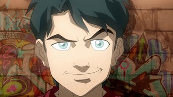 Movie still from “Superman/Shazam!: The Return of Black Adam” (2010), directed by Joaquim Dos Santos – A person's face in a painting style; Close Up shot, High angle