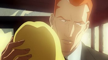 Movie still from “Superman/Shazam!: The Return of Black Adam” (2010), directed by Joaquim Dos Santos – An animated man in a white suit and red hair; Extreme Close Up shot, Over the shoulder angle