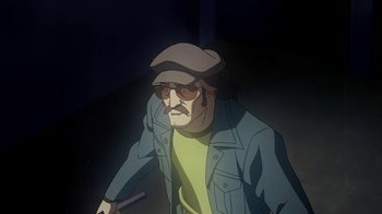 Movie still from “Superman/Shazam!: The Return of Black Adam” (2010), directed by Joaquim Dos Santos – An old man wearing a hat and sunglasses; Medium shot, High angle