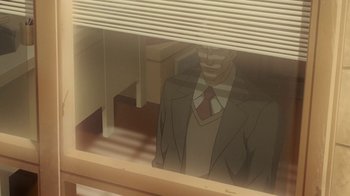 Movie still from “Superman/Shazam!: The Return of Black Adam” (2010), directed by Joaquim Dos Santos – A man wearing a suit and tie looking out of a window; Medium shot, Low angle