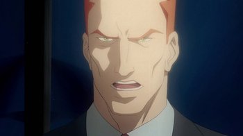 Movie still from “Superman/Shazam!: The Return of Black Adam” (2010), directed by Joaquim Dos Santos – An animated picture of a man in a suit and tie; Close Up shot, Low angle