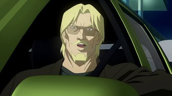 Movie still from “Superman/Shazam!: The Return of Black Adam” (2010), directed by Joaquim Dos Santos – A person with long hair in a car; Close Up shot, Low angle